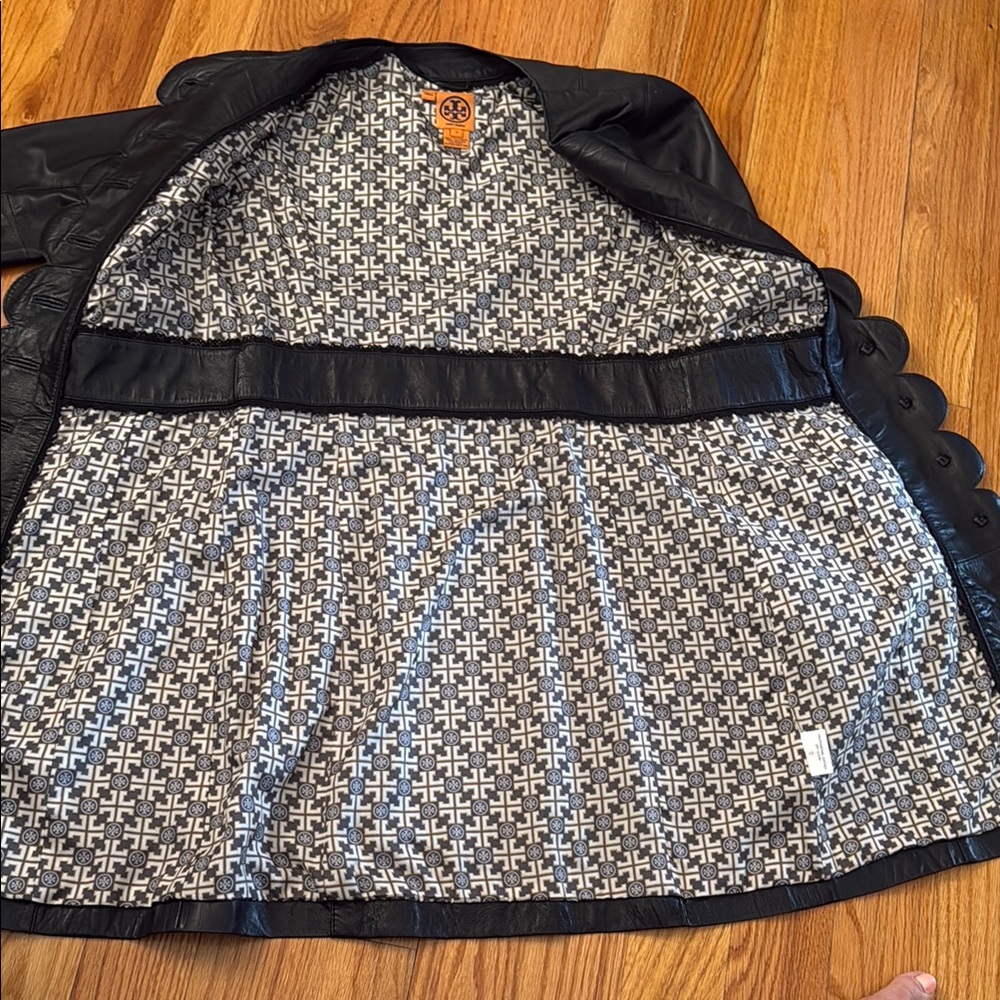TORY BURCH - Black Leather Coat with Gold Buttons - Picture 3 of 3